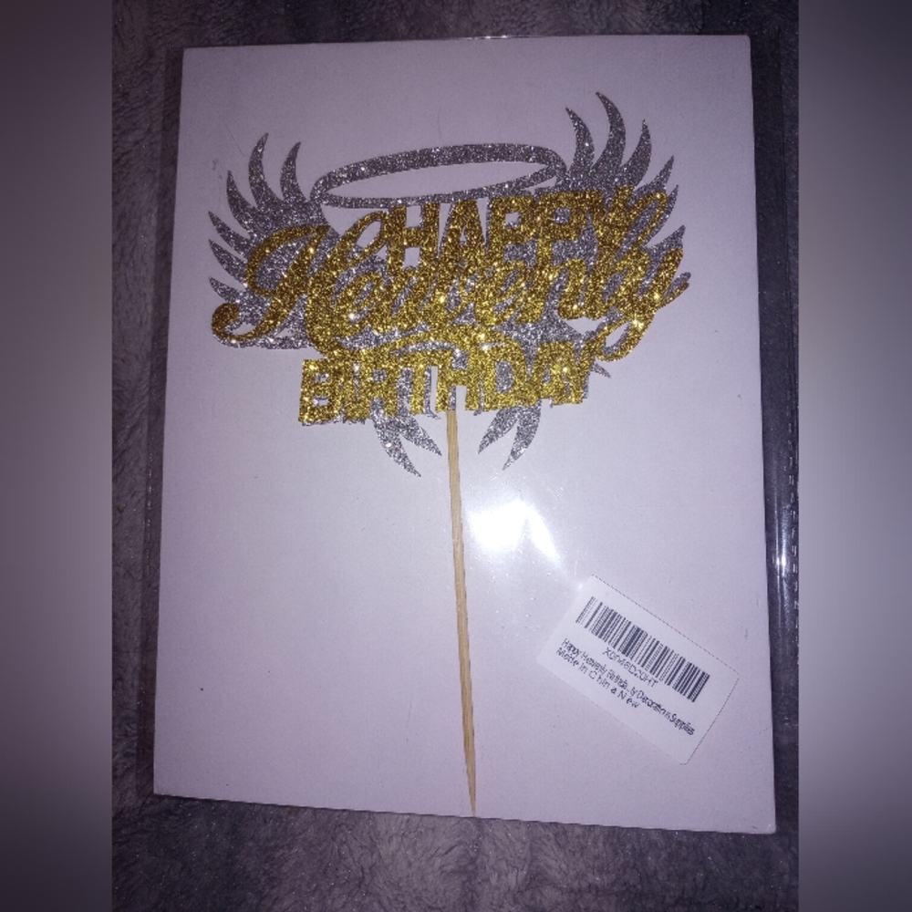 Happy Heavenly Birthday Silver And Gold Cake Topper NWT